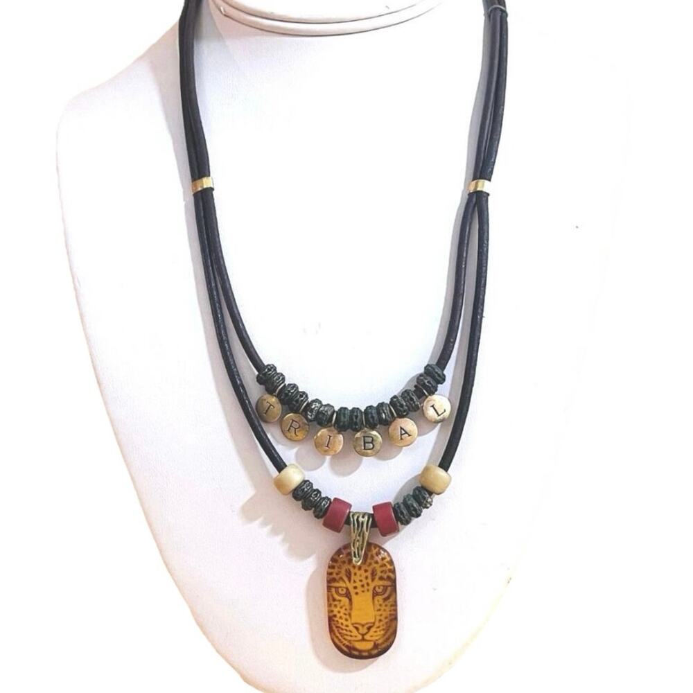 Tribal Amber Leopard Cheetah Layered Pendant Necklace Black Leather Wood Bead